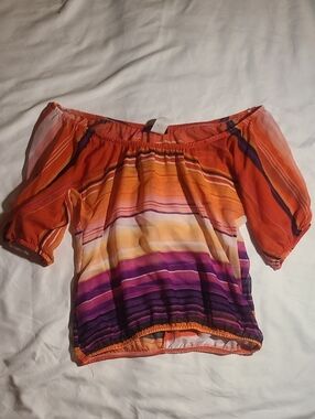 Off-Shoulder Striped Sheer Summer Top in Orange and Purple